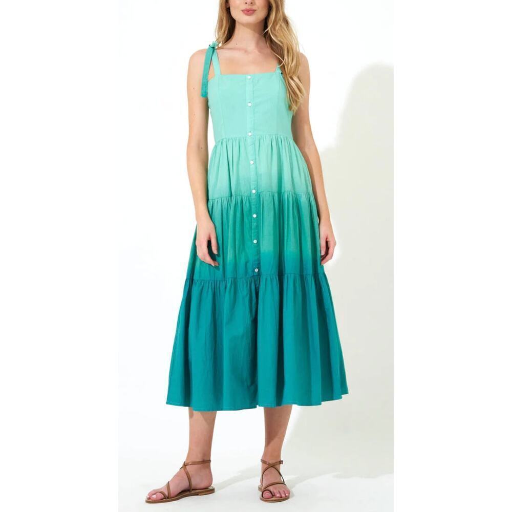 Oliphant Tie Strap Button Midi Dress Ombre Green Cotton Tiered Tuckernuck